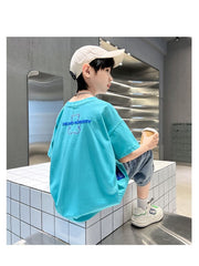 FU14042024-63 طقم ولادي صيفي قطعتين ( بلوزة قطنية + بنطلون جينز )