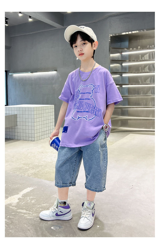 FU14042024-63 طقم ولادي صيفي قطعتين ( بلوزة قطنية + بنطلون جينز )