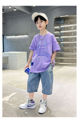 FU14042024-63 طقم ولادي صيفي قطعتين ( بلوزة قطنية + بنطلون جينز )