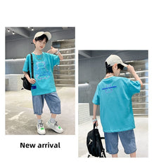 FU14042024-63 طقم ولادي صيفي قطعتين ( بلوزة قطنية + بنطلون جينز )