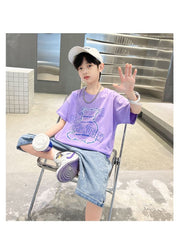 FU14042024-63 طقم ولادي صيفي قطعتين ( بلوزة قطنية + بنطلون جينز )