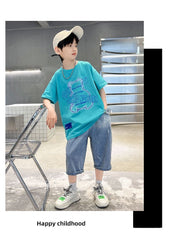 FU14042024-63 طقم ولادي صيفي قطعتين ( بلوزة قطنية + بنطلون جينز )