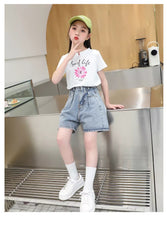 FU14042024-6 طقم بناتي صيفي قطعتين ( بلوز قطنية + شورت جينز )