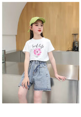 FU14042024-6 طقم بناتي صيفي قطعتين ( بلوز قطنية + شورت جينز )