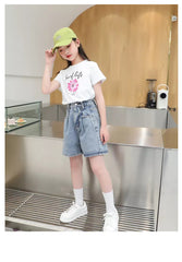FU14042024-6 طقم بناتي صيفي قطعتين ( بلوز قطنية + شورت جينز )