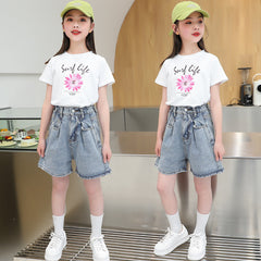 FU14042024-6 طقم بناتي صيفي قطعتين ( بلوز قطنية + شورت جينز )