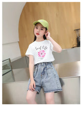 FU14042024-6 طقم بناتي صيفي قطعتين ( بلوز قطنية + شورت جينز )