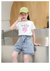 FU14042024-6 طقم بناتي صيفي قطعتين ( بلوز قطنية + شورت جينز )