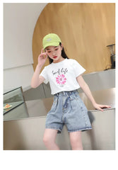 FU14042024-6 طقم بناتي صيفي قطعتين ( بلوز قطنية + شورت جينز )