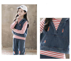 FU14042024-7 طقم بناتي 3 قطع ( فست جينز + بلوزة قطنية+ بنطلون جينز )