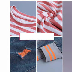 FU14042024-7 طقم بناتي 3 قطع ( فست جينز + بلوزة قطنية+ بنطلون جينز )