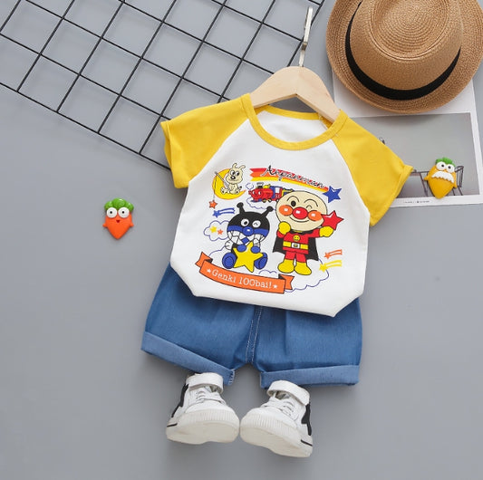 MKS-0308014 طقم ولادي رغيف العجيب قطعتين ( بلوز قطنية + شورت جينز)