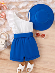 EU120424-28 طقم بناتي 3 قطع ( بلوزة + شورت + طاقية)