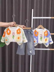 SSN040924-25 طقم بناتي قطن تقيل خريفي ربيعي قطعتين ( بلوزة + بنطلون)