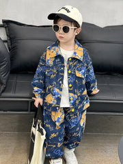 RM1227-17 طقم جينز برسومات مميزة بجي قطعتين ( جكيت + بنطلون)