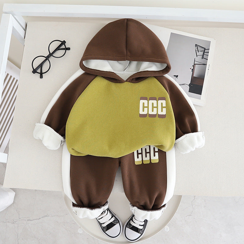 SSX220824-57 طقم ولادي شتوي تقيل مبطن فرو بالكامل قطعتين ( بلوزة + بنطلون)