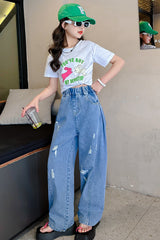 FU14042024-22 طقم بناتي صيفي قطعتين ( بلوزة قطنية + بنطلون جينز)