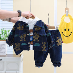 SSN040924-4 طقم جينز ولادي خريفي ربيعي 3 قطع ( بلوزة قطن + جكيت جينز + بنطلون جينز )