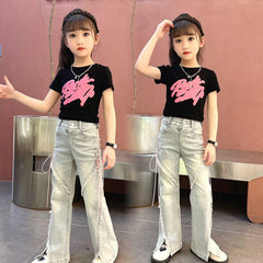 RM171223-24 طقم بناتي قطعتين ( بلوزة قطنية + بنطلون جينز )