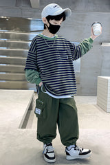 RM1227-43 طقم ولادي خامة تقيلة بجي قطعتين ( بلوزة قطنية + بنطلون كتان)