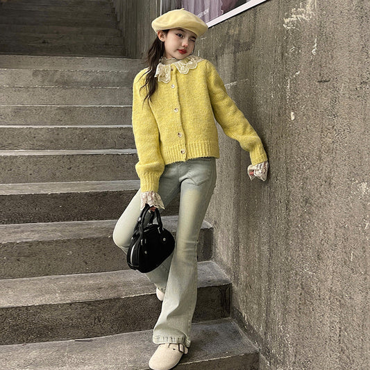 WZH191124-26 طقم قطعتين ( جكيت صوف بالدانتيل + بنطلون جينز )