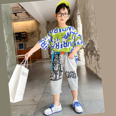 FU14042024-44 طقم ولادي صيفي ( بلوزة قطنية + بنطلون جينز + حزام وسط)