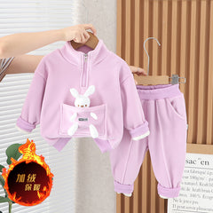 SSX220824-34 طقم بناتي أرنوب شتوي تقيل مبطن فرو بالكامل قطعتين ( بلوزة + بنطلون)