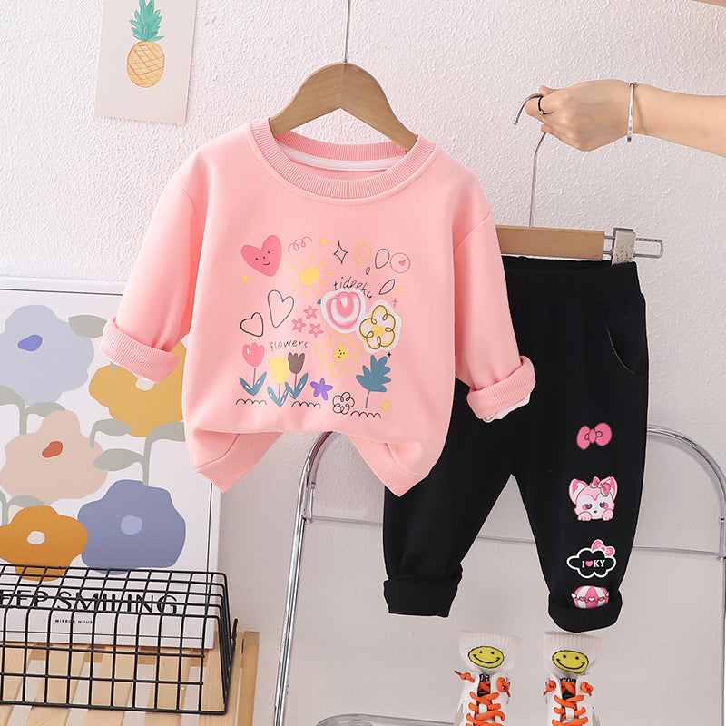 SSN040924-29 طقم بناتي قطن دافي خريفي ربيعي قطعتين ( بلوزة + بنطلون)