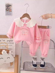 SSN040924-21 طقم بناتي قطن تقيل خريفي ربيعي قطعتين ( بلوزة + بنطلون)