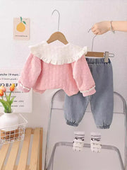 SSN040924-62 طقم بناتي قطن خريفي ربيعي 3 قطع ( جكيت + بلوزة + بنطلون جينز )