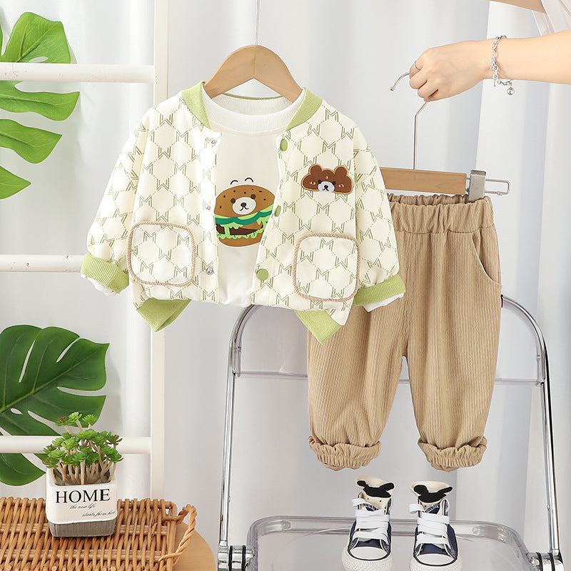 SSX220824-152 طقم ولادي قطني 3 قطع ( بلوزة+ جكيت + بنطلون ) ربيعي خريفي