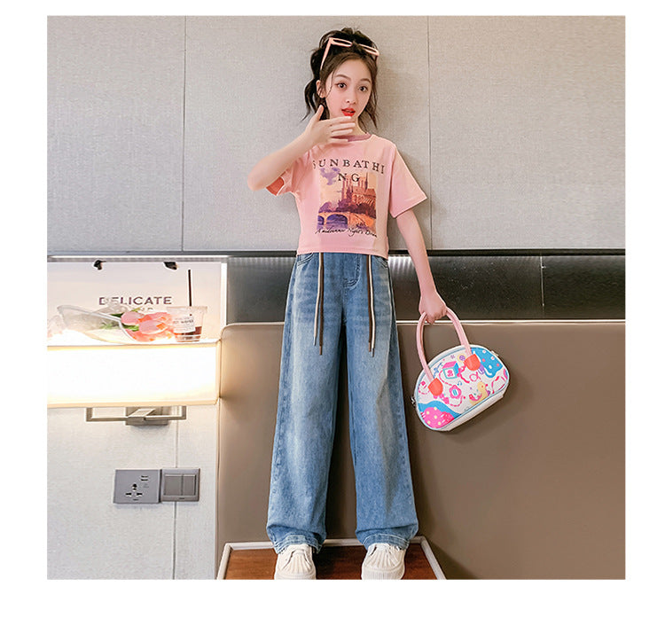 FU14042024-17 طقم بناتي قطعتين ( بلوزة + بنطلون جينز)