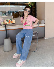 FU14042024-22 طقم بناتي صيفي قطعتين ( بلوزة قطنية + بنطلون جينز)