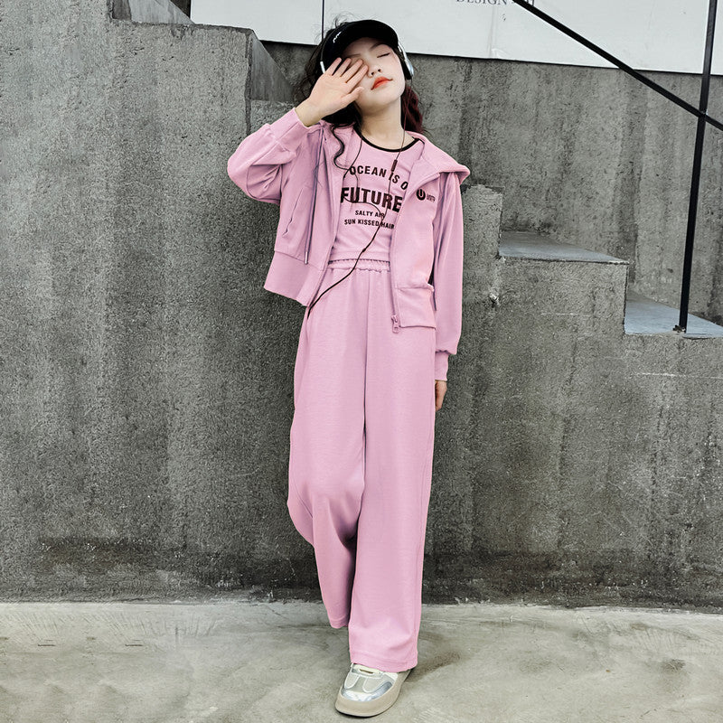 RM150424-3 طقم بناتي سبورت 3 قطع ( بلوزة + جكيت + بنطلون)