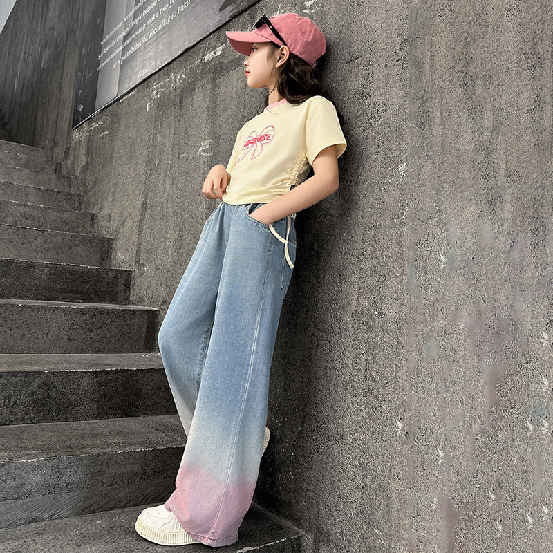 RM150424-31 طقم بناتي جينز صيفي قطعتين ( بلوزة + تنورة )