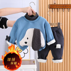 SSX220824-36 طقم ولادي شتوي تقيل مبطن فرو بالكامل قطعتين ( بلوزة + بنطلون)