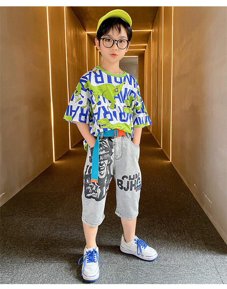 FU14042024-44 طقم ولادي صيفي ( بلوزة قطنية + بنطلون جينز + حزام وسط)