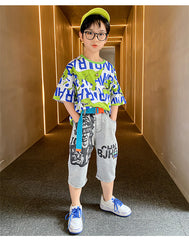 FU14042024-44 طقم ولادي صيفي ( بلوزة قطنية + بنطلون جينز + حزام وسط)