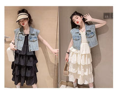 RM150424-25 فستان صيفي طبقات + فست جينز ناعم