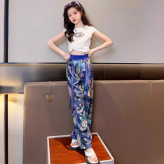 FU14042024-18 طقم بناتي صيفي قطعتين ( بلوزة + بنطلون)