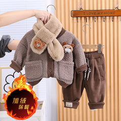 SSX220824-37 طقم ولادي شتوي مبطن فرو ( جكيت + بنطلون + لفحة)