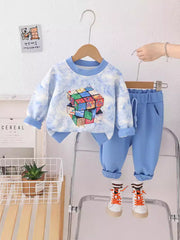 SSN040924-41 طقم ولادي بنايت خريفي ربيعي قطن دافي قطعتين ( بلوزة + بنطلون)