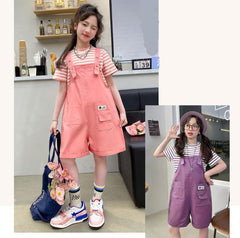 RM150424-15 طقم بناتي صيفي قطعتين ( بلوزة + افرهول)