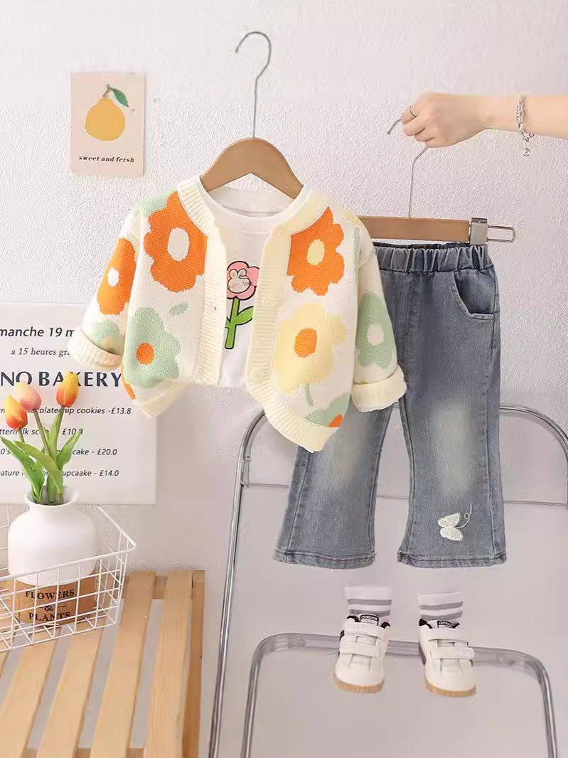 SSN040924-25 طقم بناتي قطن تقيل خريفي ربيعي قطعتين ( بلوزة + بنطلون)