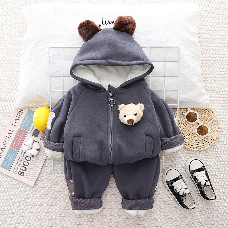 SSX220824-42 طقم ولادي قطعتين شتوي مبطن فرو دافي ( جكيت + بنطلون)