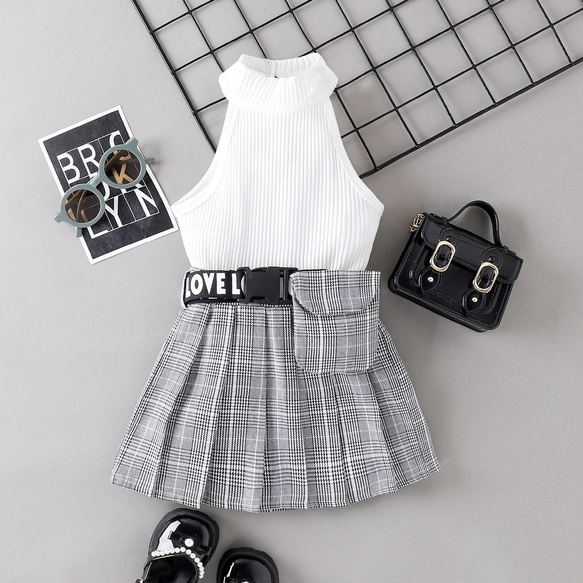 EU120424-5 طقم بناتي قطعتين (بلوزة + تنورة + حزام خصر مع حقيبة كروهات)