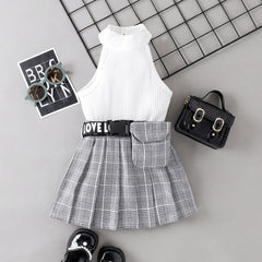 EU120424-5 طقم بناتي قطعتين (بلوزة + تنورة + حزام خصر مع حقيبة كروهات)