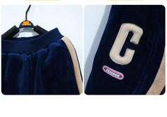 HBC040924-11 طقم بناتي شتوي مخمل مبطن فرو بالكامل بجي قطعتين ( جكيت + بنطلون)