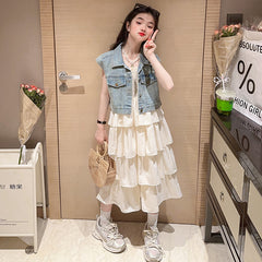 RM150424-25 فستان صيفي طبقات + فست جينز ناعم