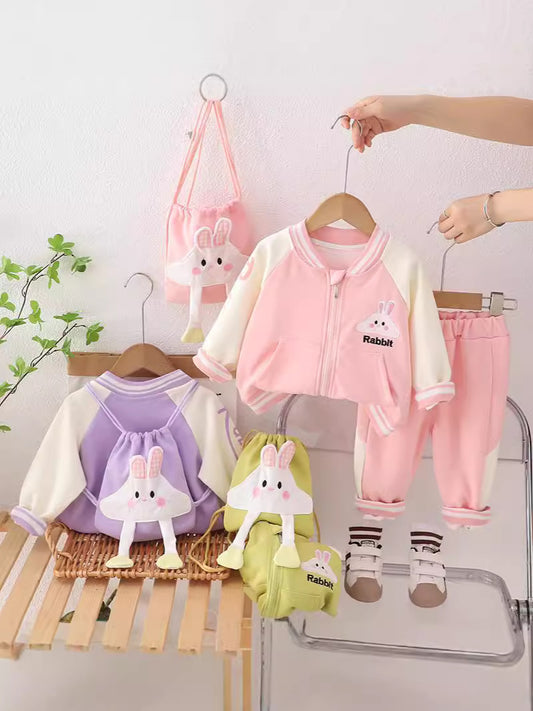 SSN040924-56 طقم بناتي ربيعي خريفي قطن تقيل 3 قطع ( جكيت + بنطلون + حقيبة)